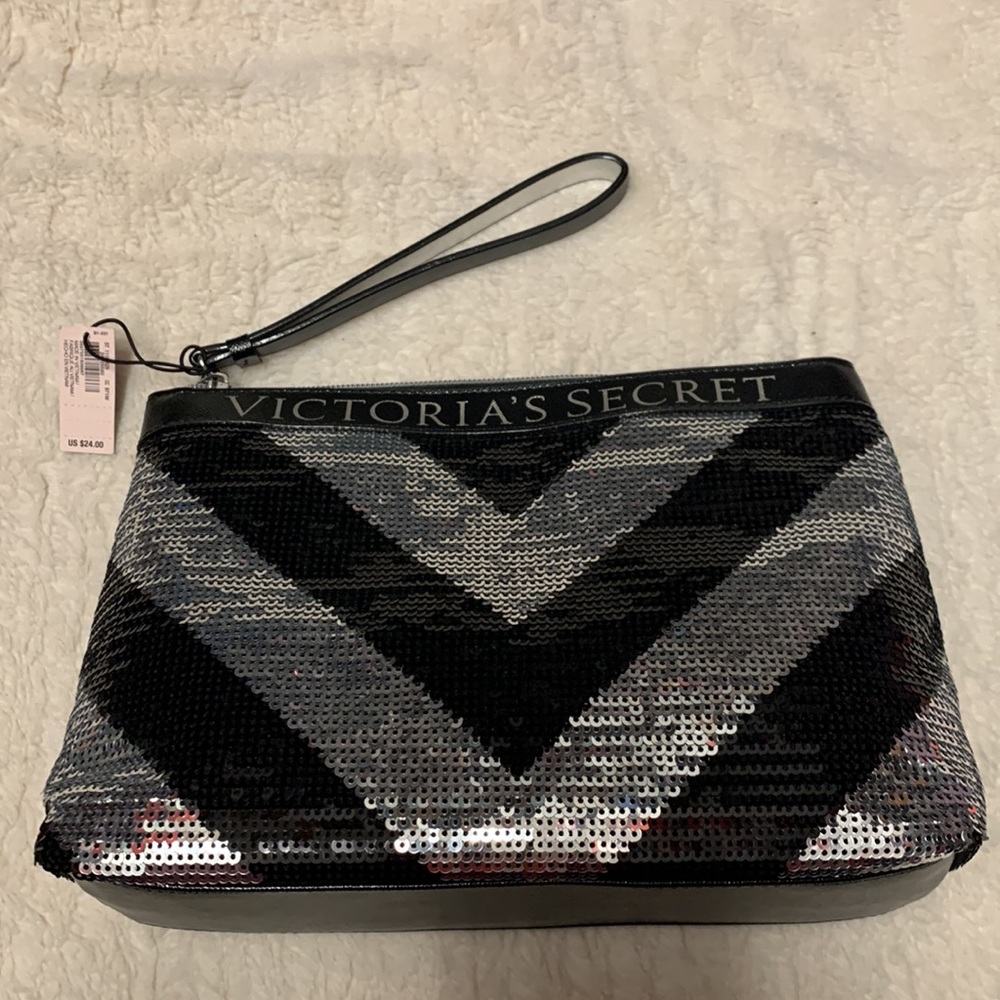 Black & Silver Sequins Victoria’s Secret Makeup Bag Cosmetics VS